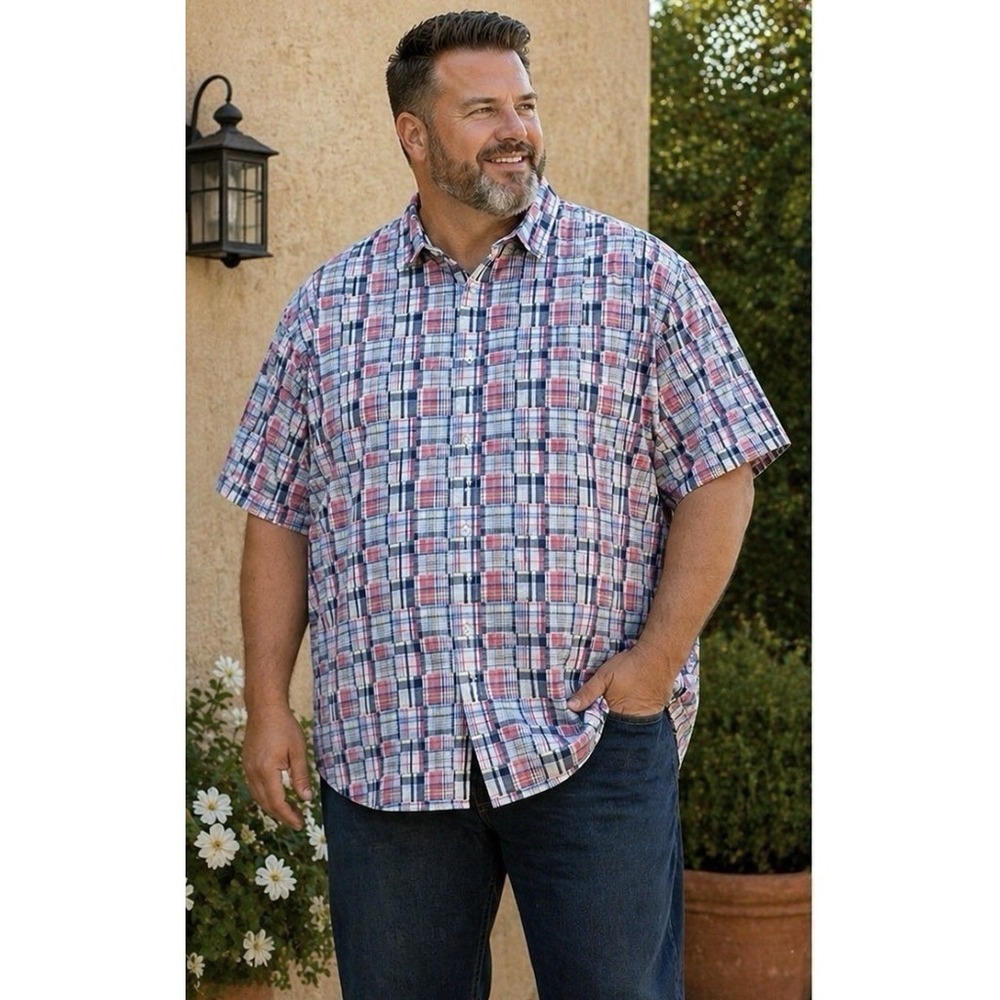 True Nation Men's Big & Tall Short Sleeve Plaid 6X Shirt Red Blue Casual YY10